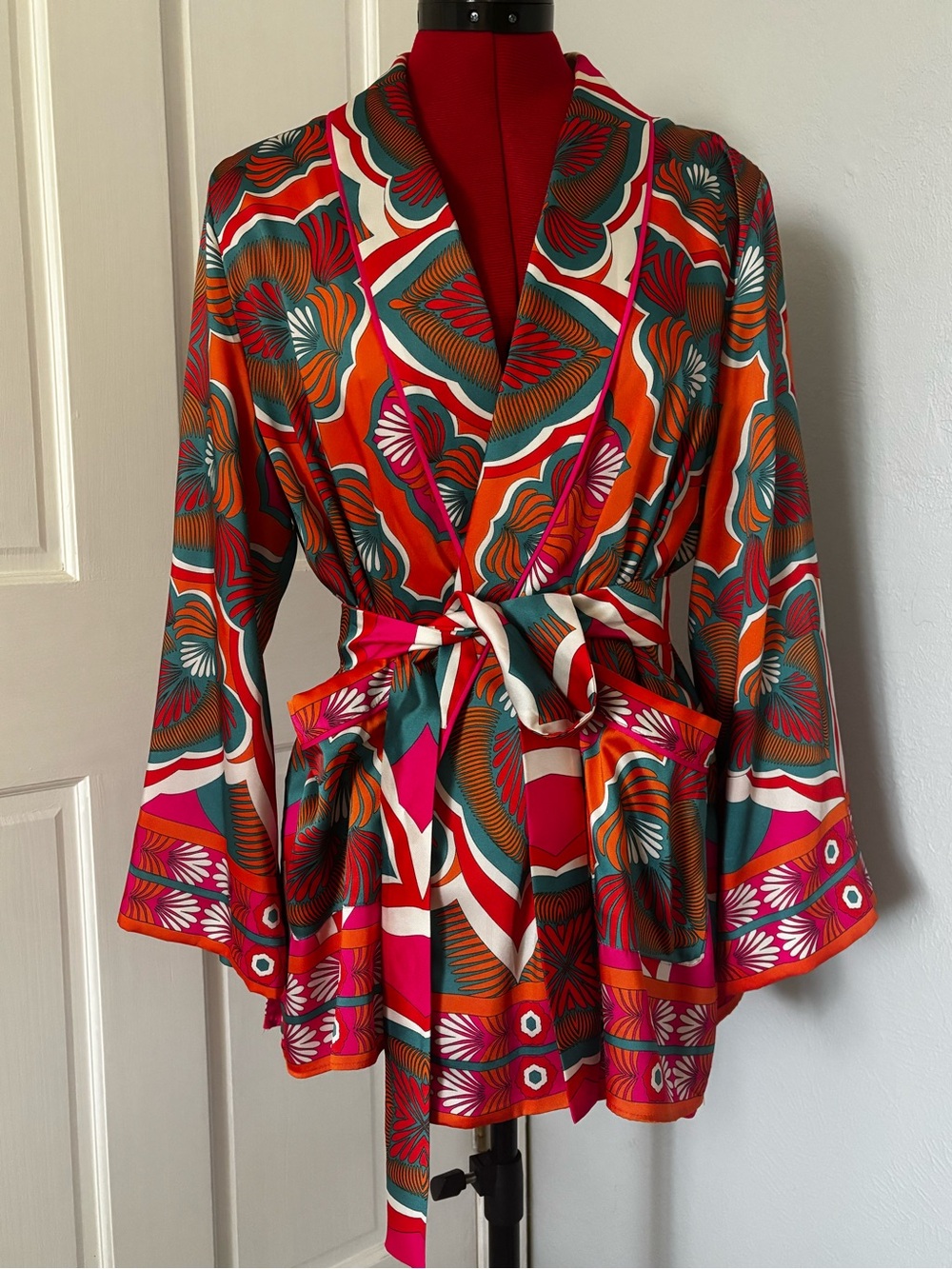 Zara - Woman’s Printed Tie-Waist Jacket, Bright Floral Geometric, Satin-Feel.
